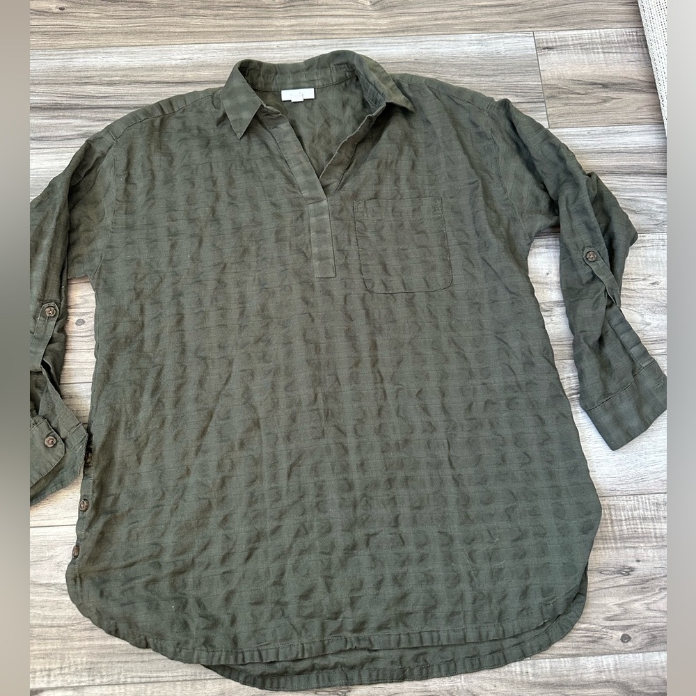J.Jill Textured Tunic Popover Blouse Top 100% Cotton Button Details Green Size S